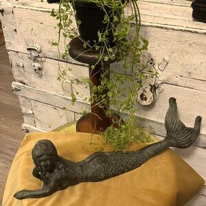 Vintage Cast Iron Laying Mermaid . Beautiful Patina Metal Mermaid